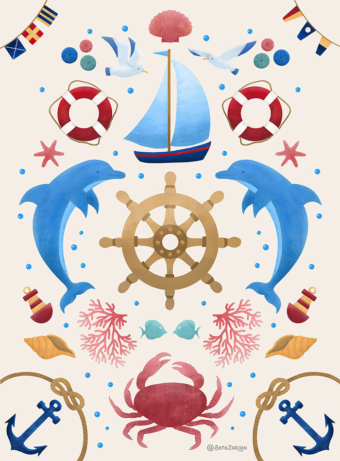 Nautical folk art illustration on cream by Seta Zakian for Gone Sailing collection