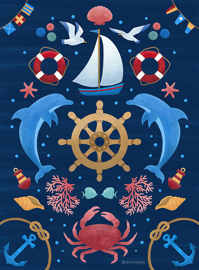 Nautical folk art illustration on navy by Seta Zakian for Gone Sailing collection